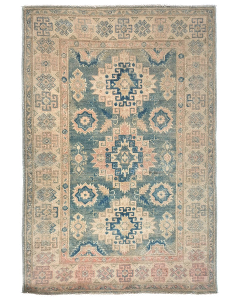 3x5 Blue Kuba Afghan Hand Knotted Wool Area Rug